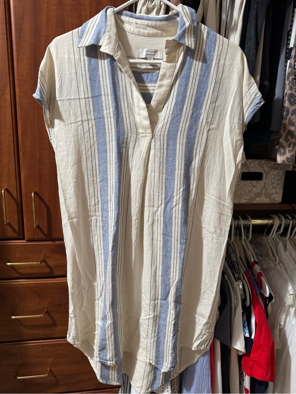 Banana Republic Cream and Light Blue Vertical Stripe Short Sleeve Shirt dress
